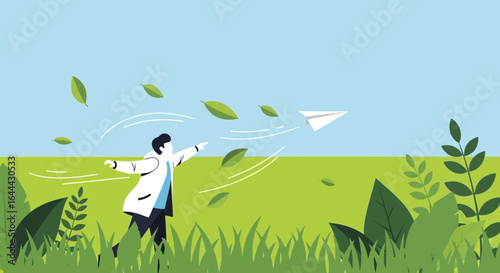 Man in nature releasing a paper plane into the sky symbolizes hope and aspiration expressing joy in an outdoor setting with flying leaves