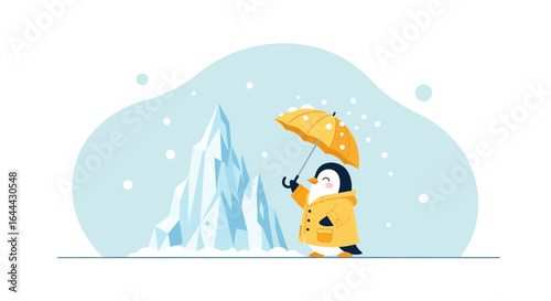 Penguin exploring arctic landscape with raincoat and umbrella under snowfall