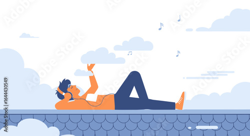 Man in headphones lying on the roof listening to music feeling peaceful and relaxed enjoying a carefree moment beneath the clouds