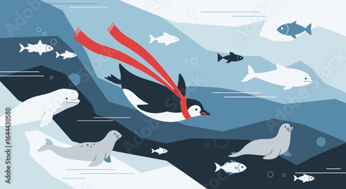 Penguin's underwater adventure: A whimsical scene of marine life in the arctic oceans