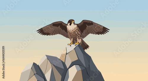 Peregrine falcon soaring on a mountain peak, spreading its wings for flight observation