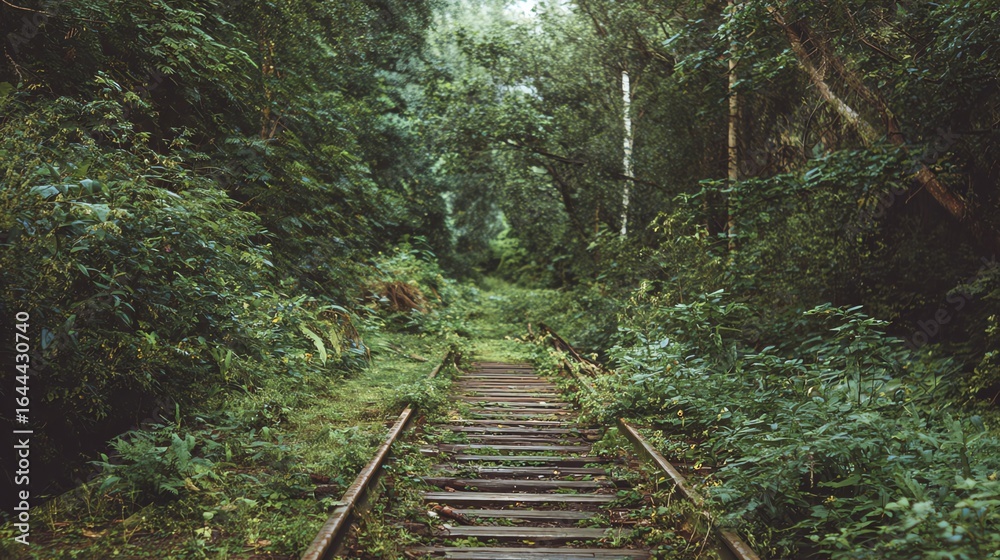 Obraz premium A serene, overgrown railway track surrounded by lush greenery, creating a tranquil pathway through nature.