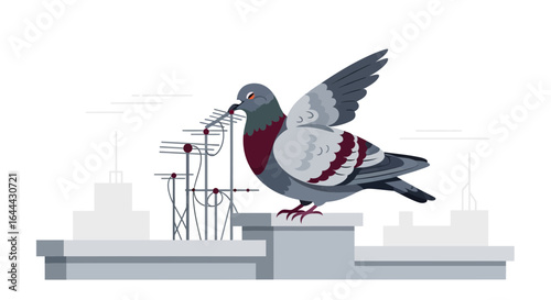 Pigeon perched atop a building amidst antennas and cityscape background creates an urban scene showing nature adaptation and co existence