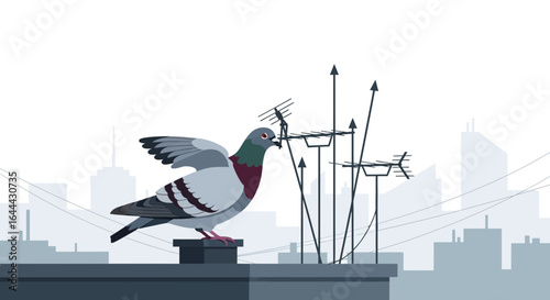 Pigeon perched on a rooftop stealing an antenna with city skyline vector illustration