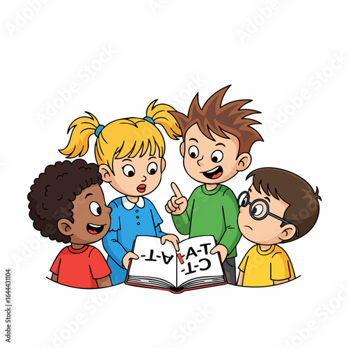 Cartoon Happy Kids Learning Together with Book Illustration Graphic Element