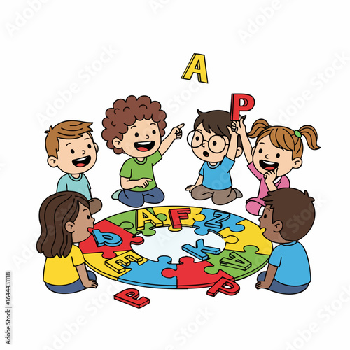 Cartoon Smiling Children Playing Jigsaw Puzzle Pieces Early Education Illustration