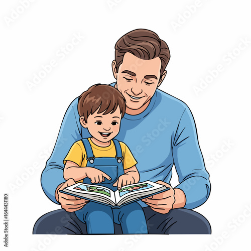 Cartoon Illustration of Father Reading Story Book to His Son Together