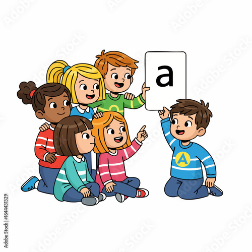Cartoon Style Diverse Children Learning Alphabet With Flashcard Illustration