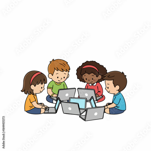 Cartoon Handdrawn Group of Children Learning Together Using Laptop Illustration