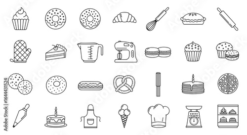 Illustration of various baking and pastry items including cakes donuts and kitchen utensils displayed neatly