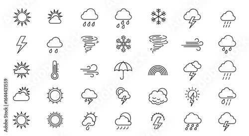 Collection of weather forecast icons including sun, cloud, rain, snow, wind and storm symbols