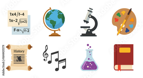 Illustration of various educational subjects including science, art, history, music, and math symbols