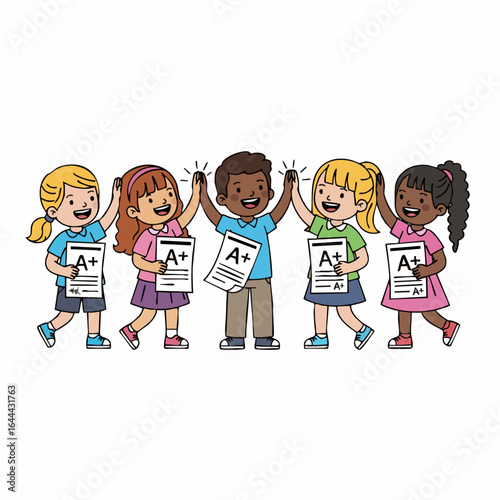 Cheerful Flat Illustration Children Holding A Plus Grade Exam Result