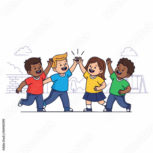 Flat Design Cheerful Diverse Children Giving High Five Illustration