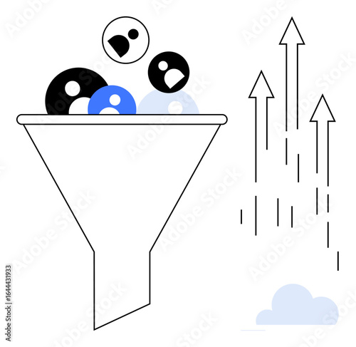 Funnel sorting diverse icons into refinement, paired with upward arrows for progression, innovation, and opportunity. Ideal for strategy, filtering process, analytics, optimization, growth