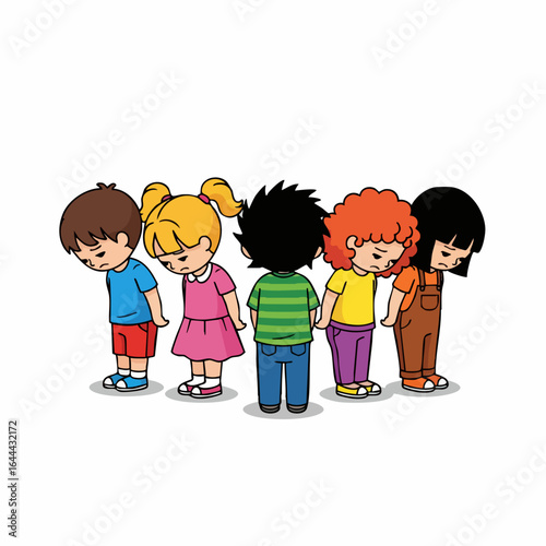 Cartoon Style Sad Group of Children Standing Together Illustration