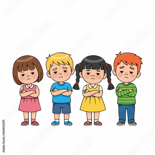 Flat Cartoon Illustration Group of Unhappy Children Standing Together Character