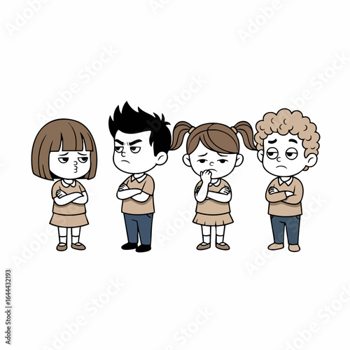 Cartoon Style Four People Standing Skeptical Expression Flat Illustration