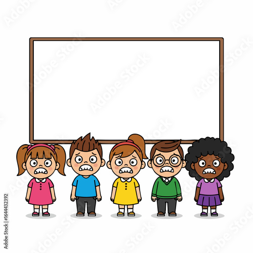Cartoon Style Angry Children Group with Blank Frame Illustration Element