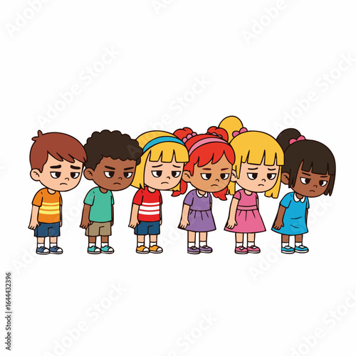 Cartoon Style Diverse Group of Sad Children Feeling Upset Illustration
