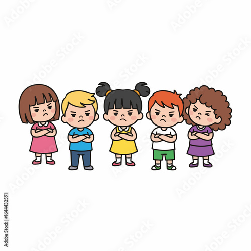 Cute Flat Cartoon Group of Angry Children Characters Illustration