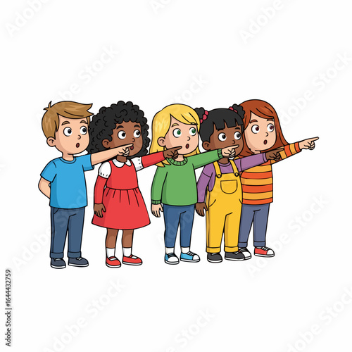 Cartoon Style Diverse Group of Children Pointing in One Direction Illustration