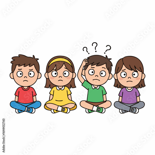 Flat Illustration Group of Confused Children Sitting Cross Legged Together