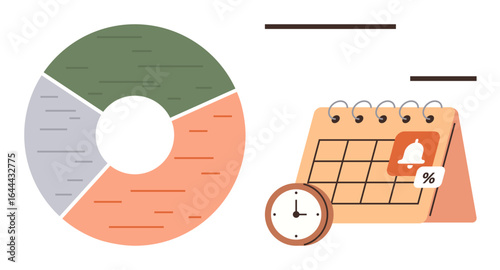 Circular chart with segmented data, calendar with reminder icons, and clock for organizing schedules. Ideal for productivity, planning, analytics, deadlines, reminders business and strategy. Simple