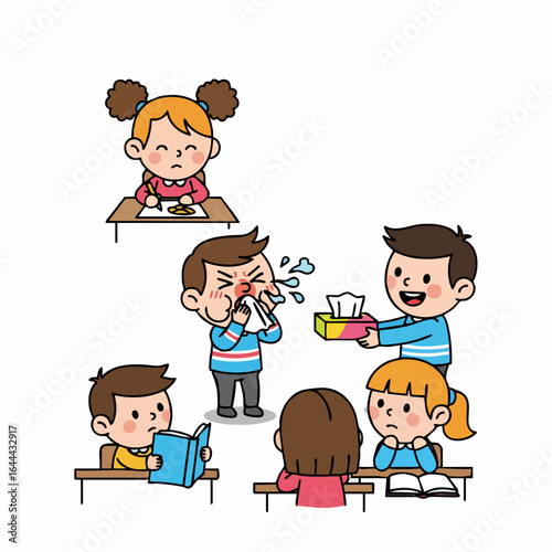 Cartoon Style Illustration of Sick Child and Classroom Friends Sharing Help