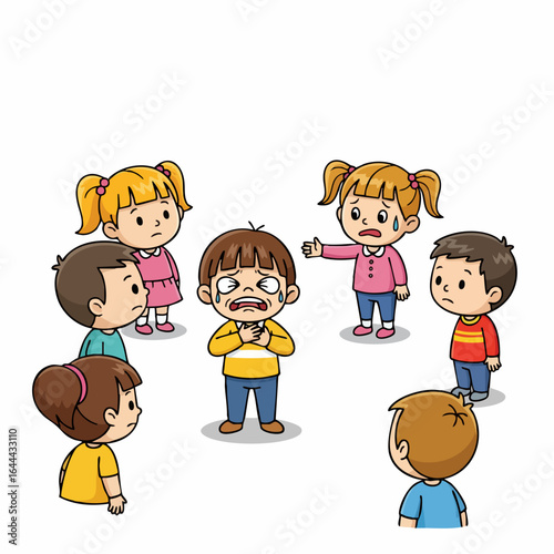 Colorful Cartoon Group of Children Bullying Scared Boy Illustration
