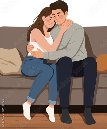 Couple sitting closely on sofa embracing with love and comfort indoors illustration digital art