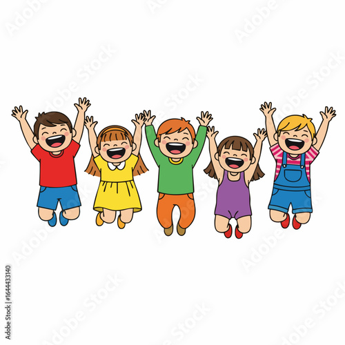 Cheerful Handdrawn Group of Children Jumping Together Celebrating Illustration