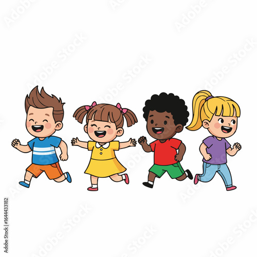 Colorful Cartoon Style Cheerful Children Running Together Happy Education Illustration