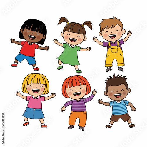 Colorful Cartoon Style Happy Kids Group Illustration Childish Characters