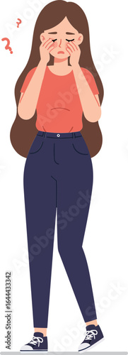 Young woman rubbing tired eyes feeling sleepy and confused vector illustration in casual outfit standing pose