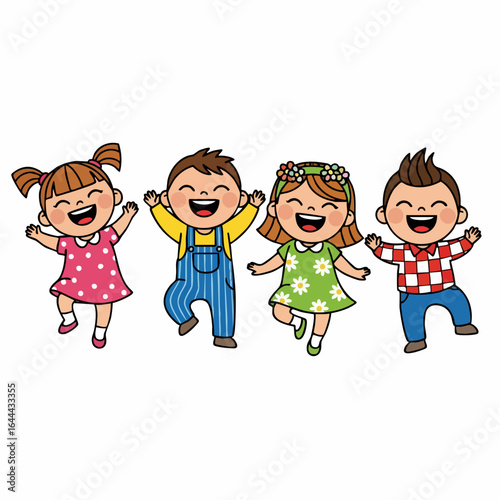 Cheerful Cartoon Style Group Children Laughing and Jumping Illustration
