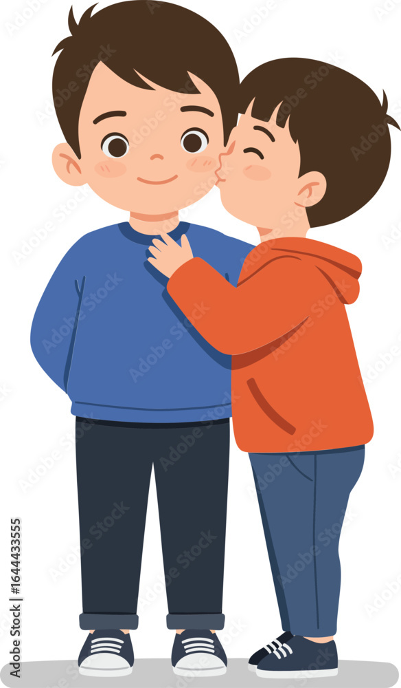 Two boys showing affection with one kissing the other on cheek in casual clothing vector illustration Two boys showing affection with one kissing the other on cheek in casual clothing vector illustration