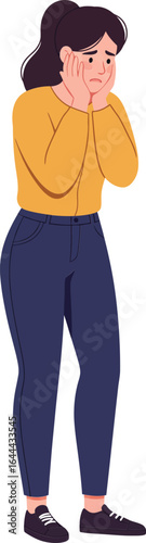 Young woman with anxious expression covering face with hands in casual outfit vector illustration