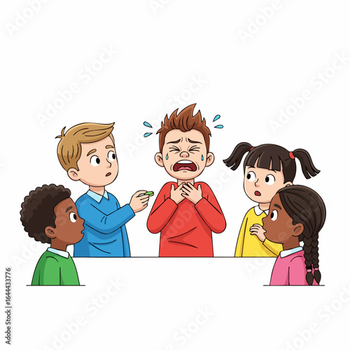 Cartoon Handdrawn Group of Diverse Children Comforting Scared Friend Illustration