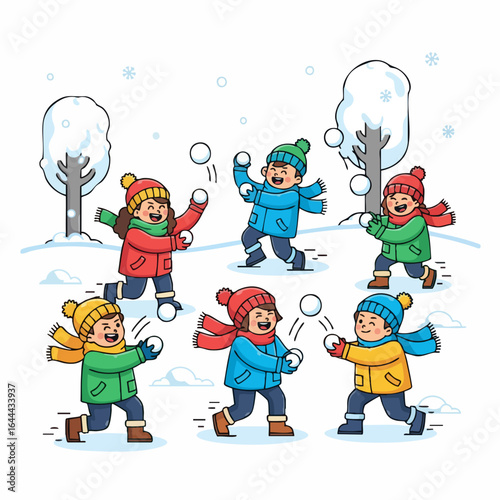 Cute Cartoon Illustration Group of Children Playing Snowball Fight in Winter Season