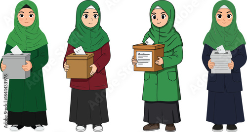 Muslim woman wearing green hijab holding donation boxes charity giving vector illustration