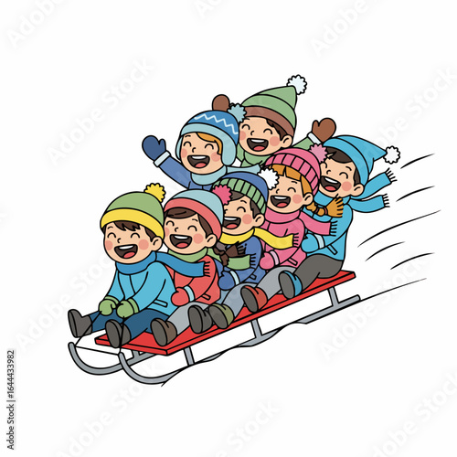 Cartoon Handdrawn Group of Children Sledding Downhill Winter Season Illustration