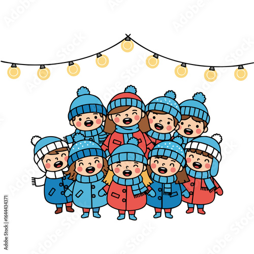 Cheerful Handdrawn Children Choir Singing Together in Winter Christmas Illustration