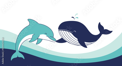 Playful Cartoon Illustration of a Dolphin and Whale in a Whimsical Sea Scene