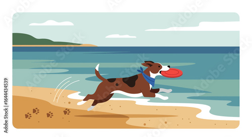 Playful dog running on the beach with frisbee cartoon illustration showing summer vacation and leisure activity with a dog