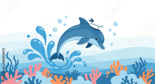 Playful dolphin with a sailor hat leaps from the ocean amidst coral reefs and bubbles