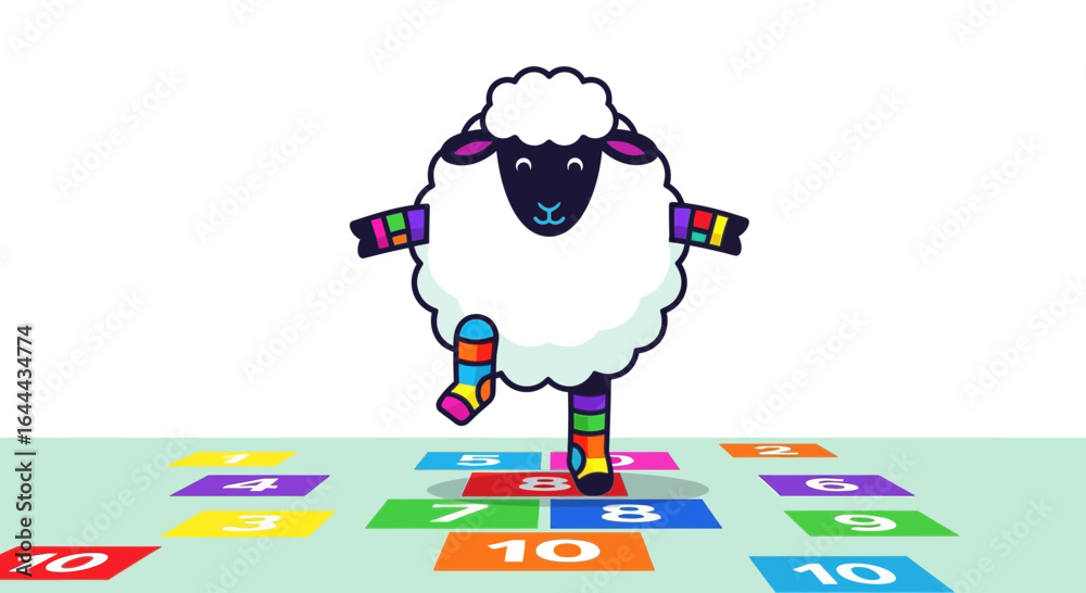 Fototapeta premium Playful sheep hopping through colorful hopscotch game for children learning numbers