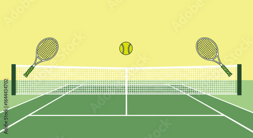 Tennis Court Illustration Rackets And Ball In Play Ready For Competition
