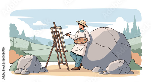 The Artist in Nature: Capturing Landscape with Canvas and Easel in Serene Illustration Setting