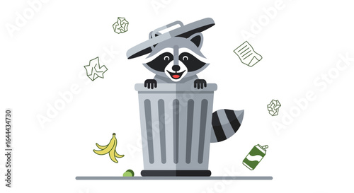 Playful Raccoon in Trash Can Illustration Depicting Environmental Awareness and Waste Management